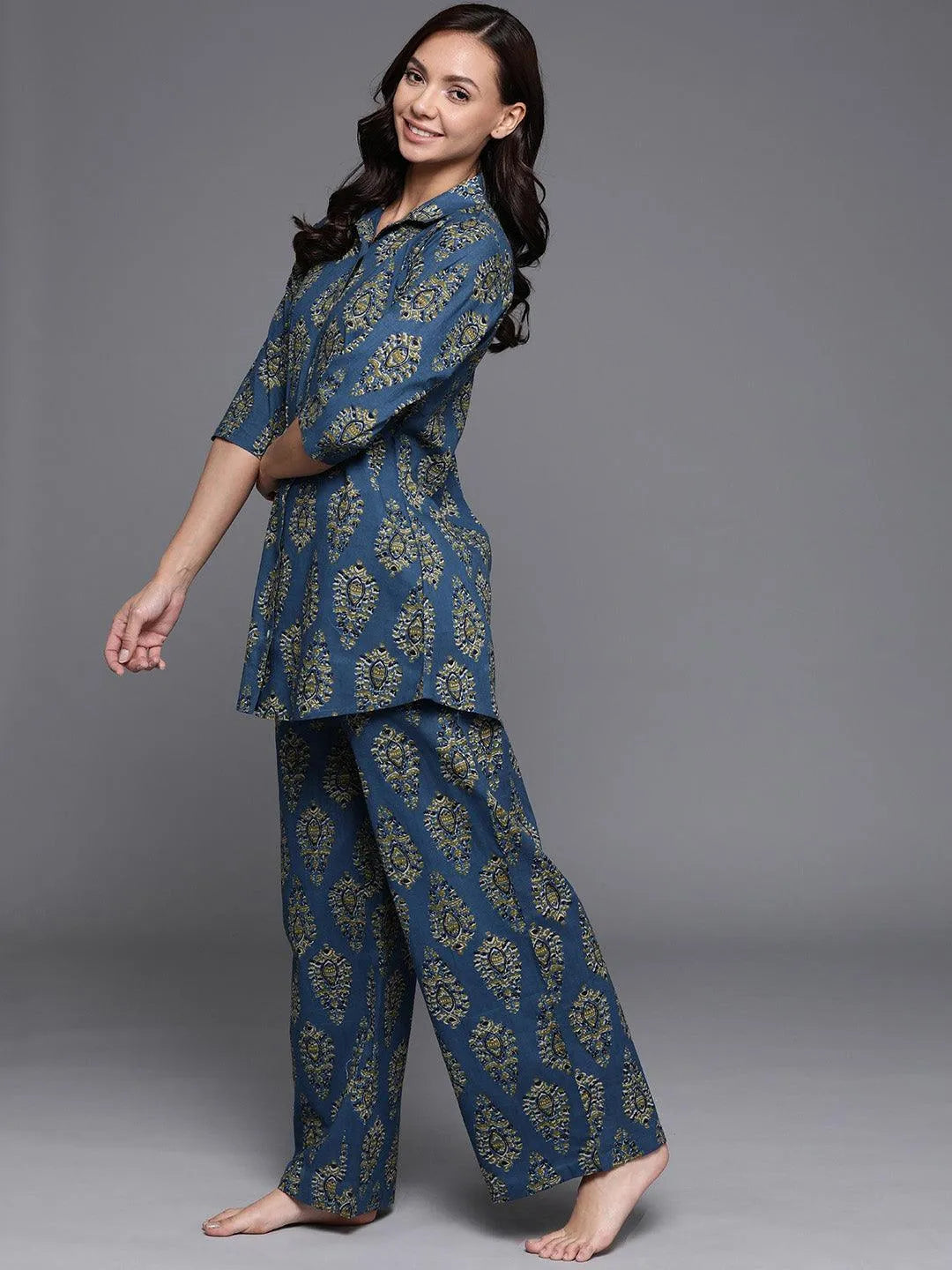 Blue Printed Cotton Night Suit - Libas