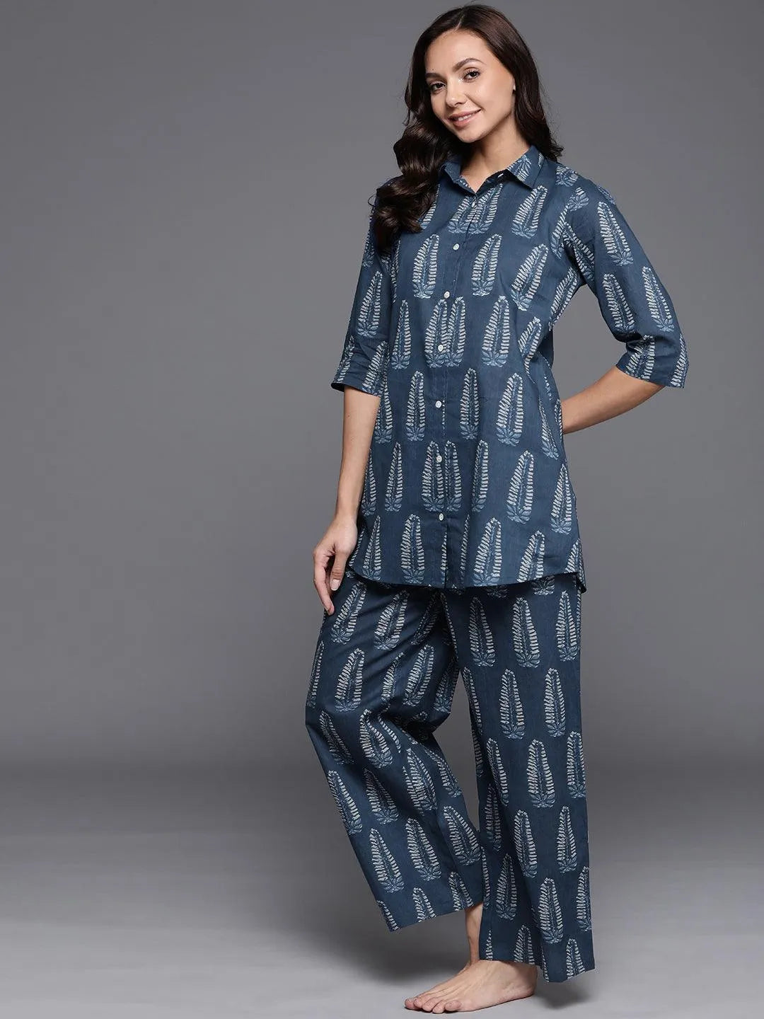 Blue Printed Cotton Night Suit - Libas