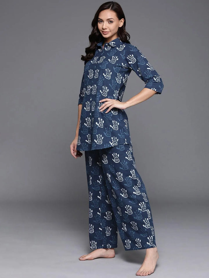 Blue Printed Cotton Night Suit - Libas