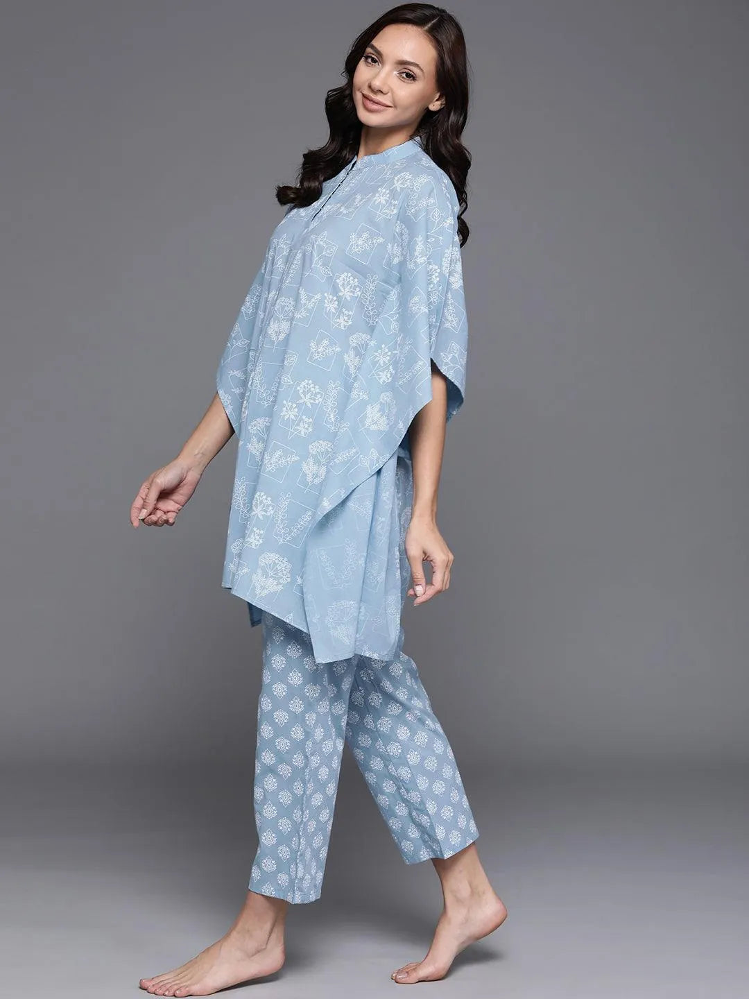 Blue Printed Cotton Night Suit - Libas