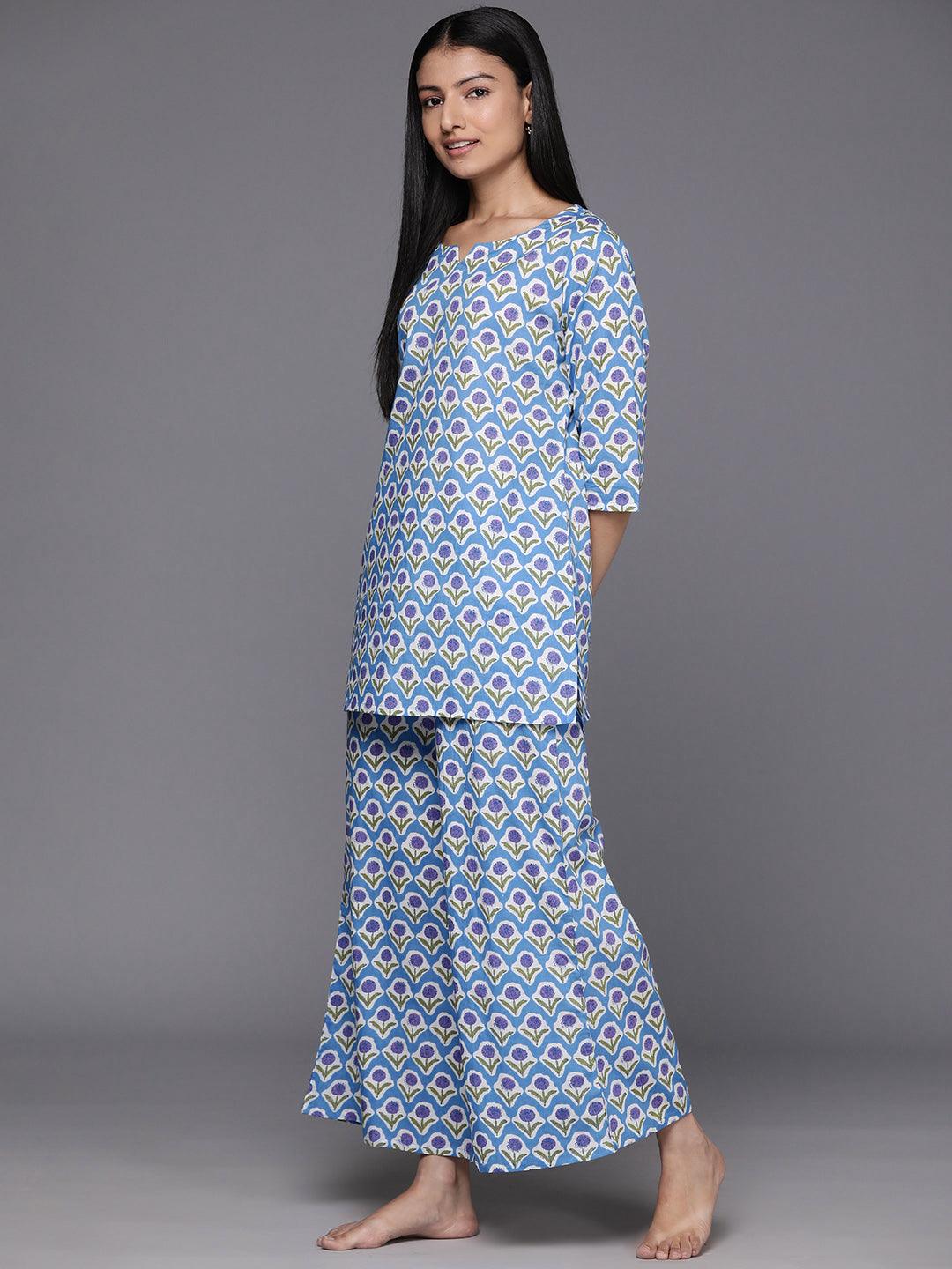 Blue Printed Cotton Night Suit - Libas