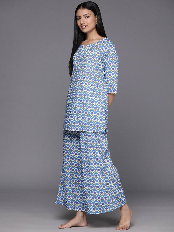 Blue Printed Cotton Night Suit - Libas