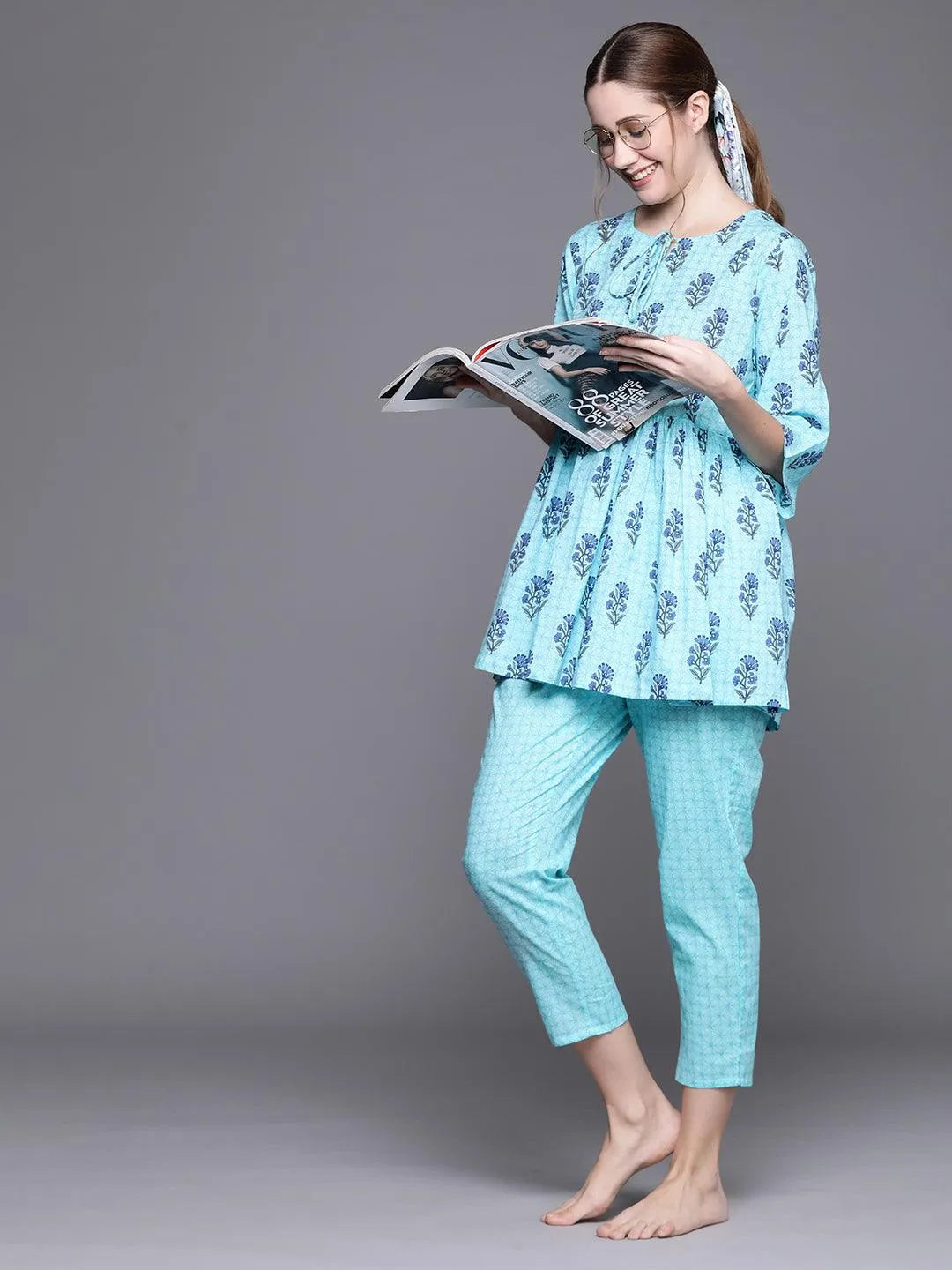 Blue Printed Cotton Night Suit - Libas 