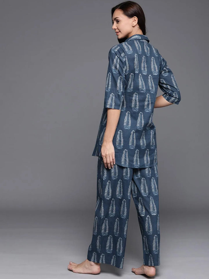 Blue Printed Cotton Night Suit - Libas