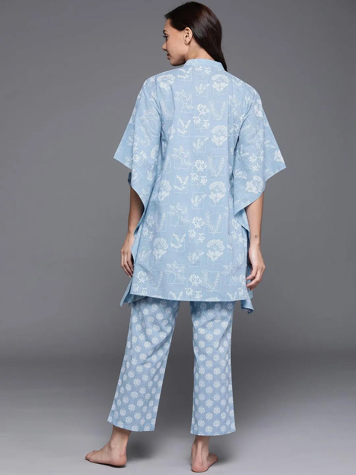 Blue Printed Cotton Night Suit - Libas