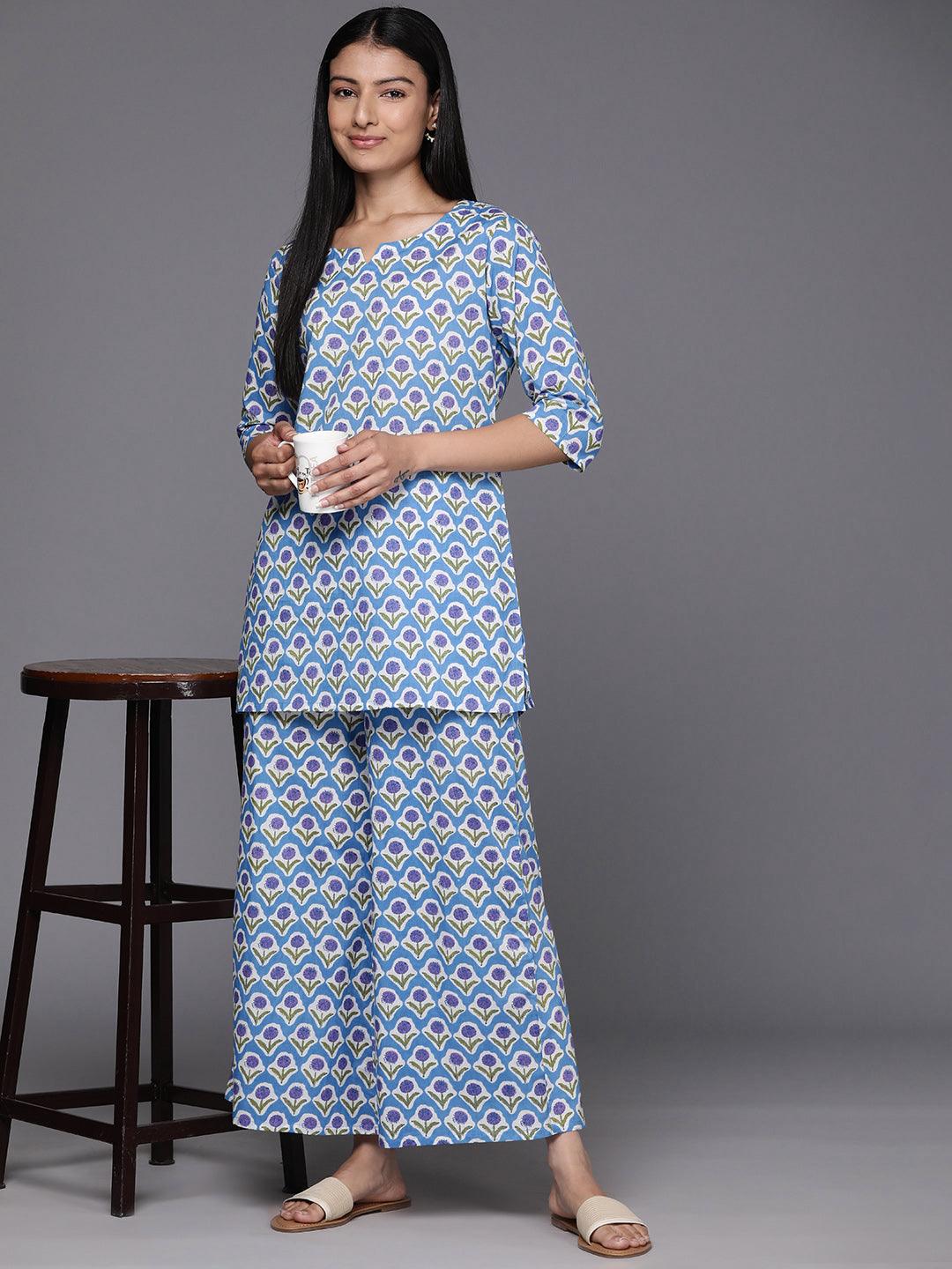 Blue Printed Cotton Night Suit - Libas