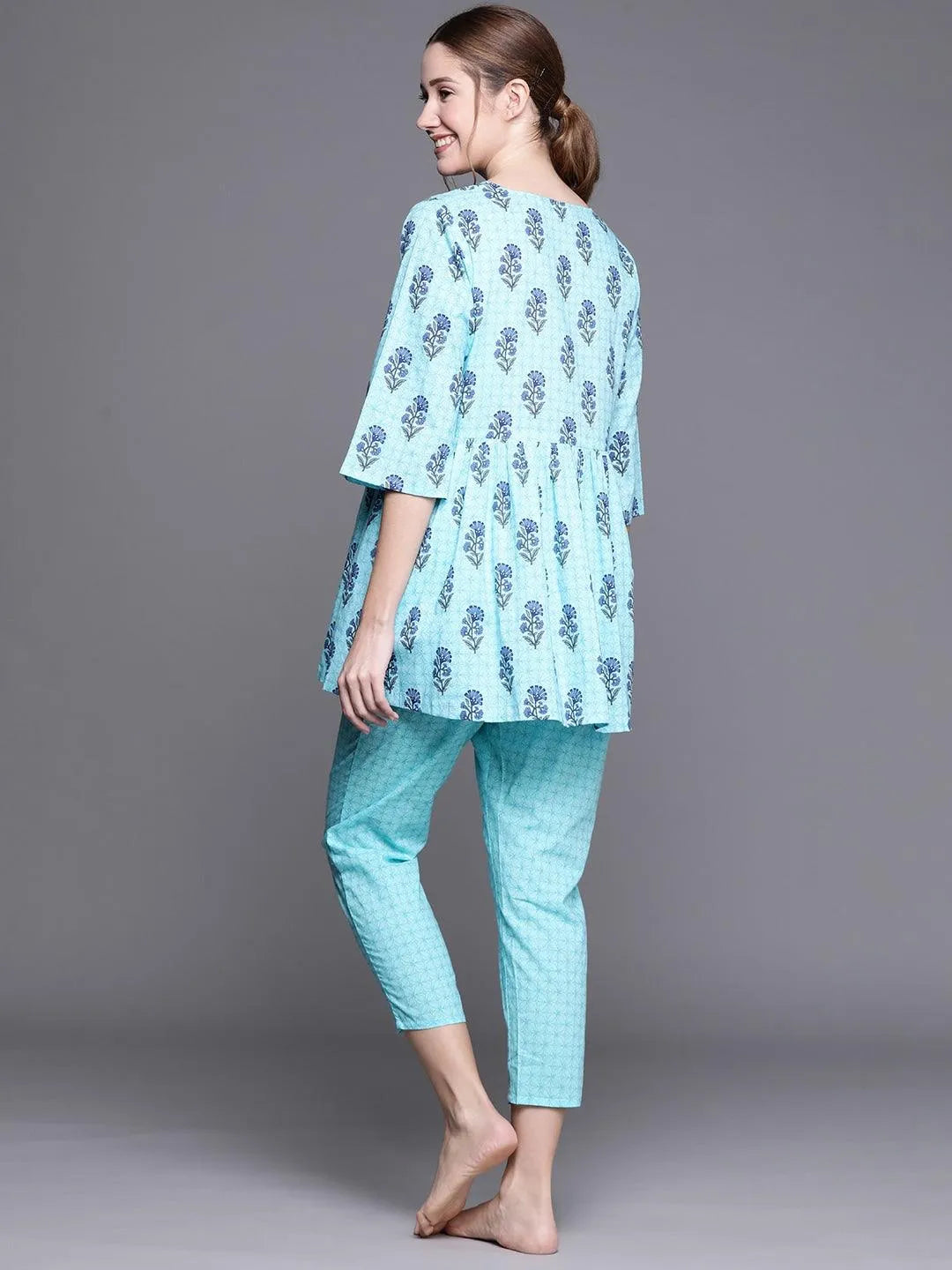 Blue Printed Cotton Night Suit - Libas 