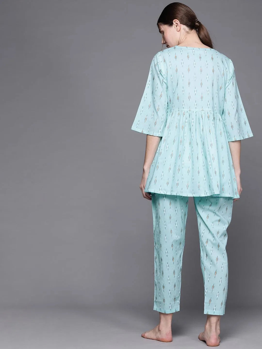 Blue Printed Cotton Night Suit - Libas 