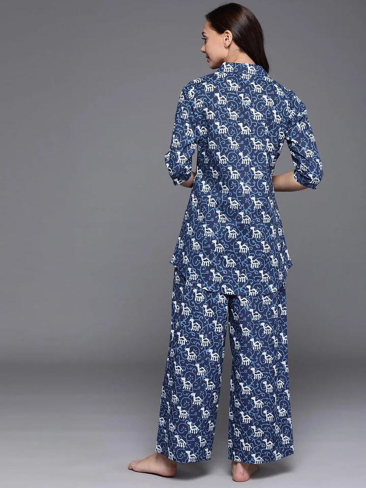 Blue Printed Cotton Night Suit - Libas