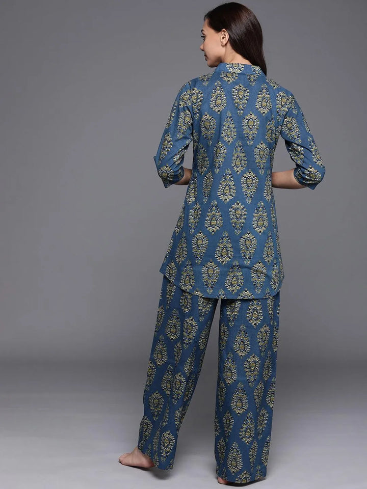 Blue Printed Cotton Night Suit - Libas