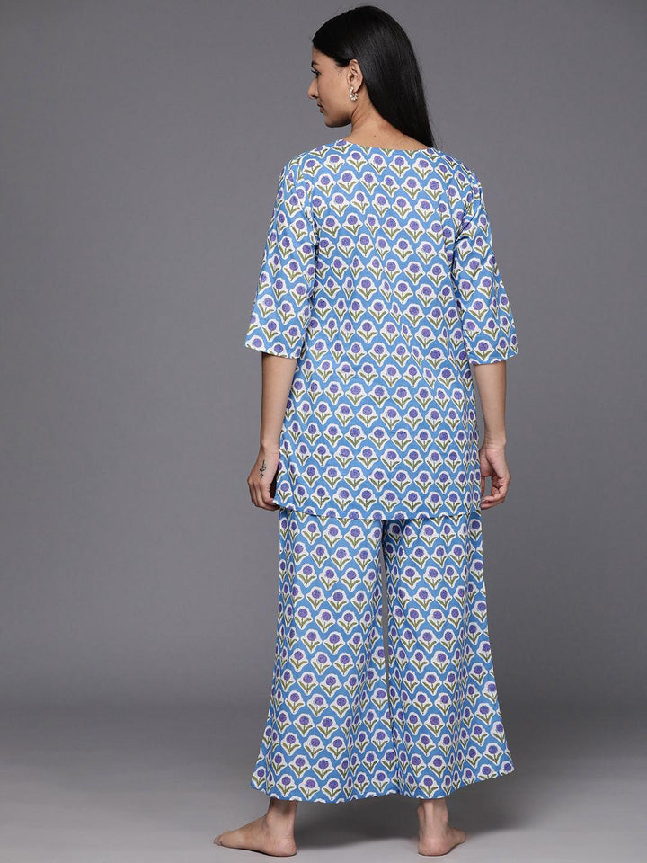 Blue Printed Cotton Night Suit - Libas