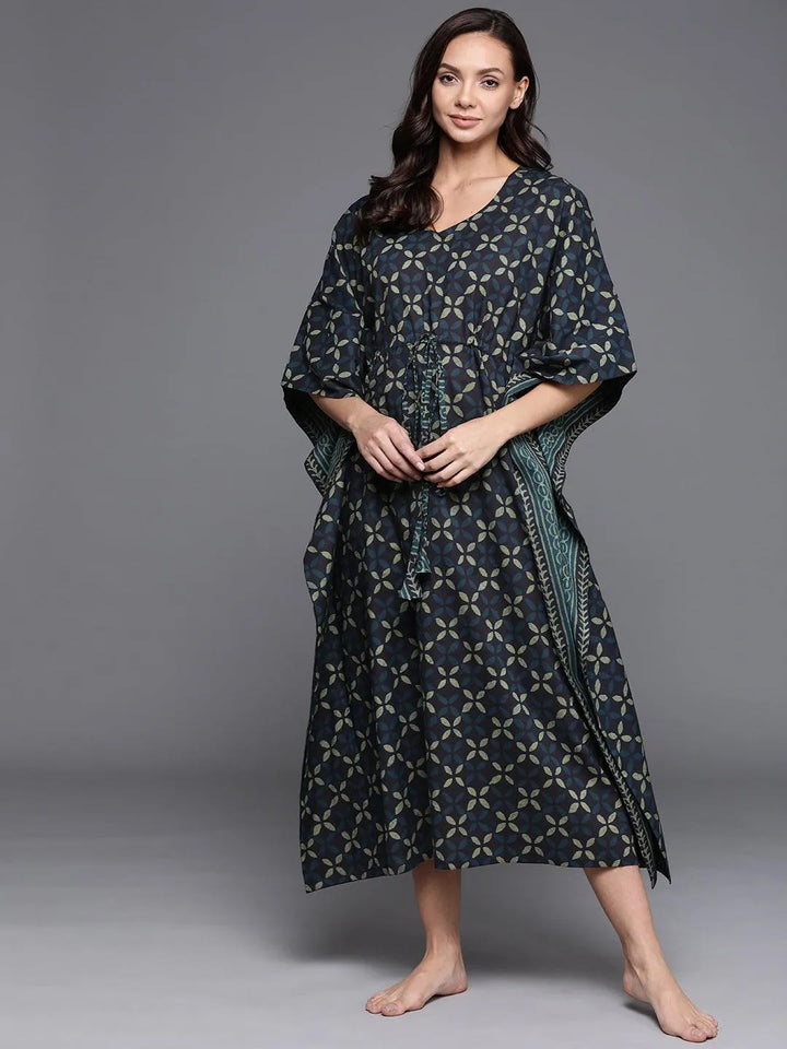 Blue Printed Cotton Nightdress - Libas