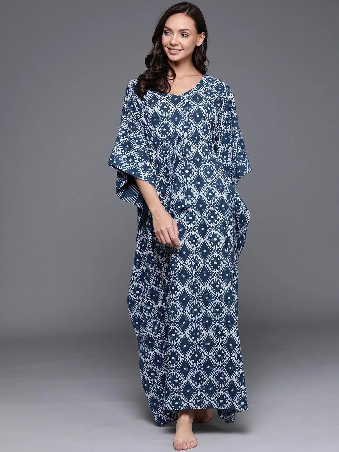 Blue Printed Cotton Nightdress - Libas