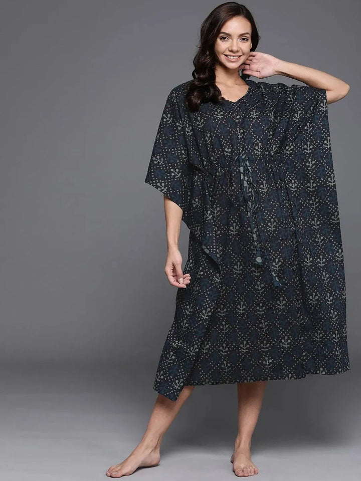 Blue Printed Cotton Nightdress - Libas