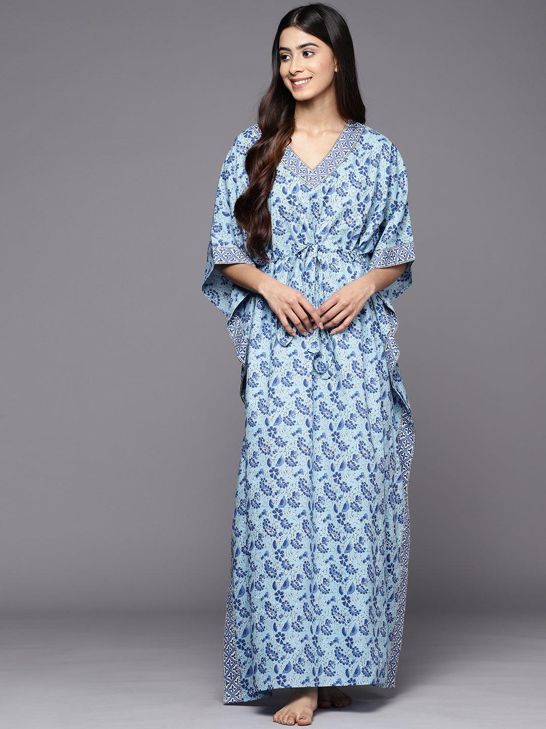 Blue Printed Cotton Nightdress - Libas