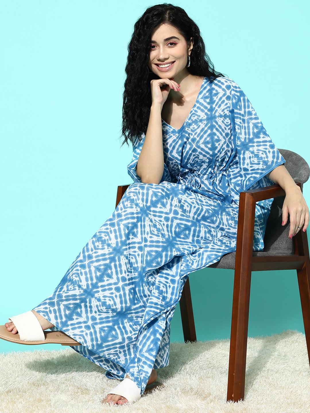 Blue Printed Cotton Nightdress - Libas