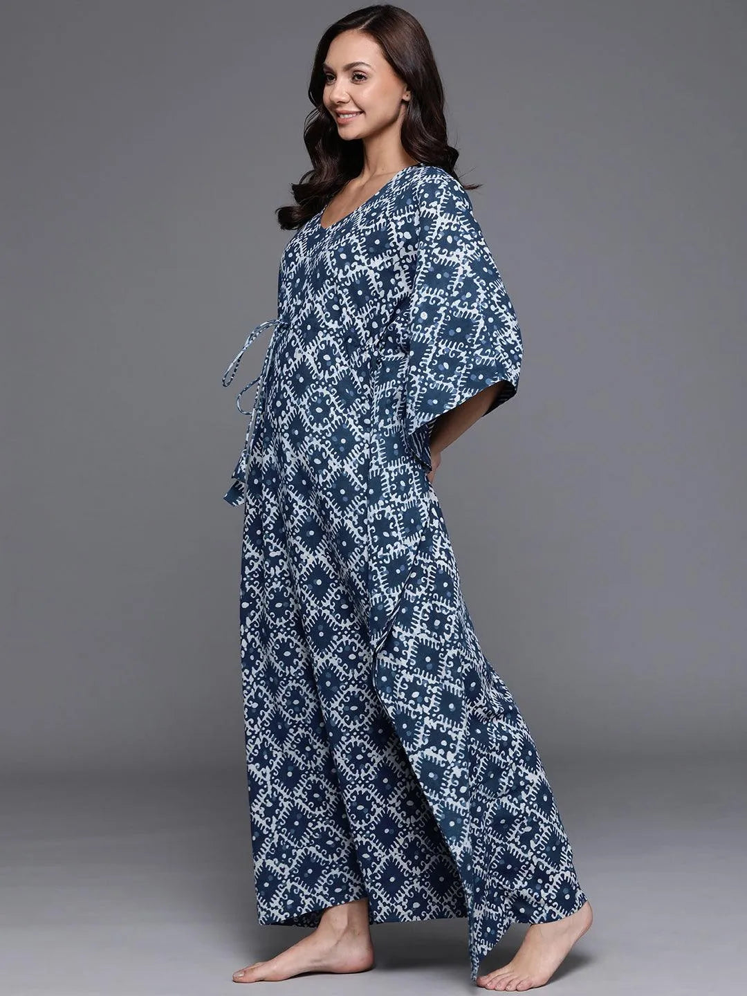 Blue Printed Cotton Nightdress - Libas