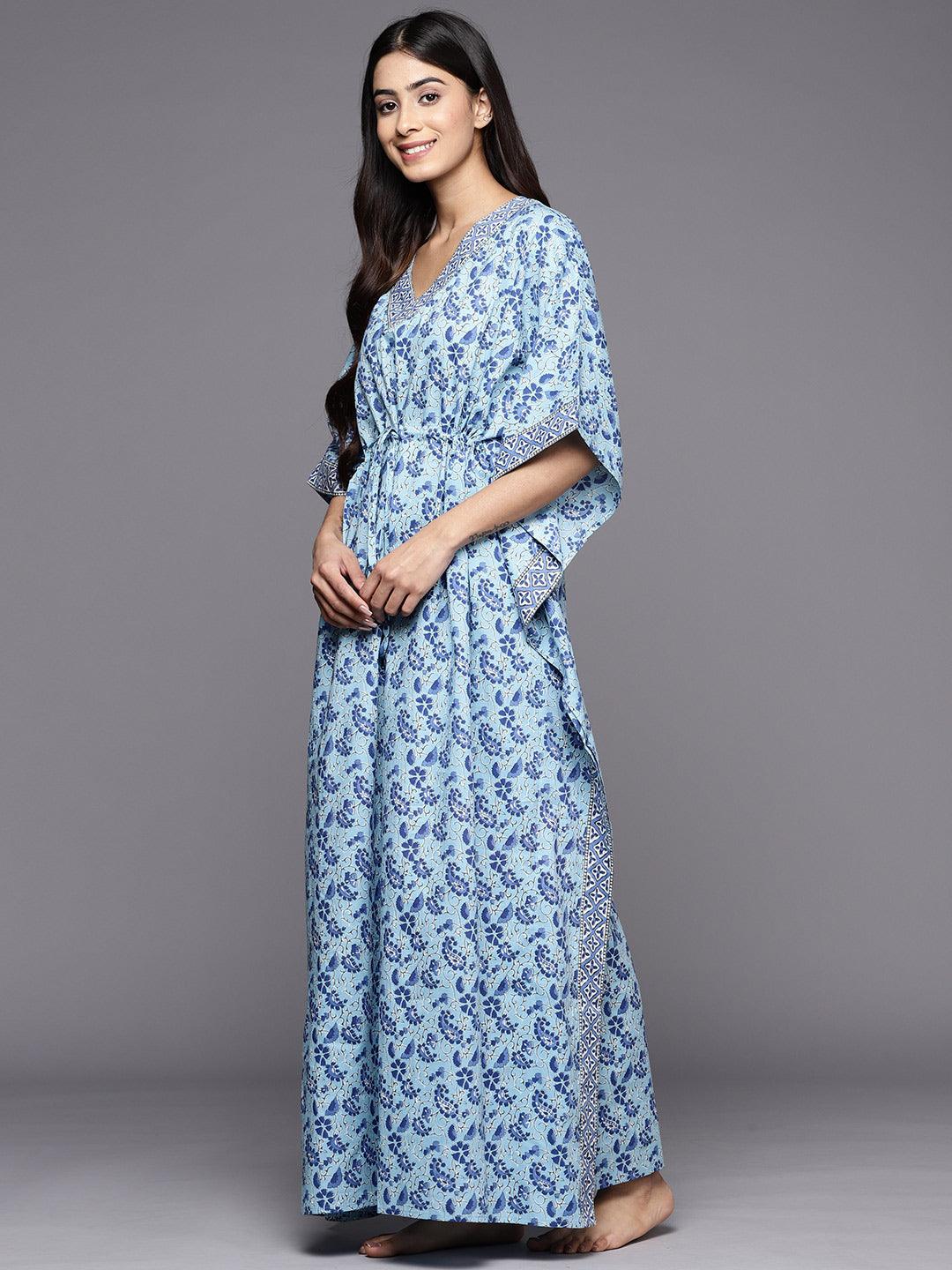 Blue Printed Cotton Nightdress - Libas 