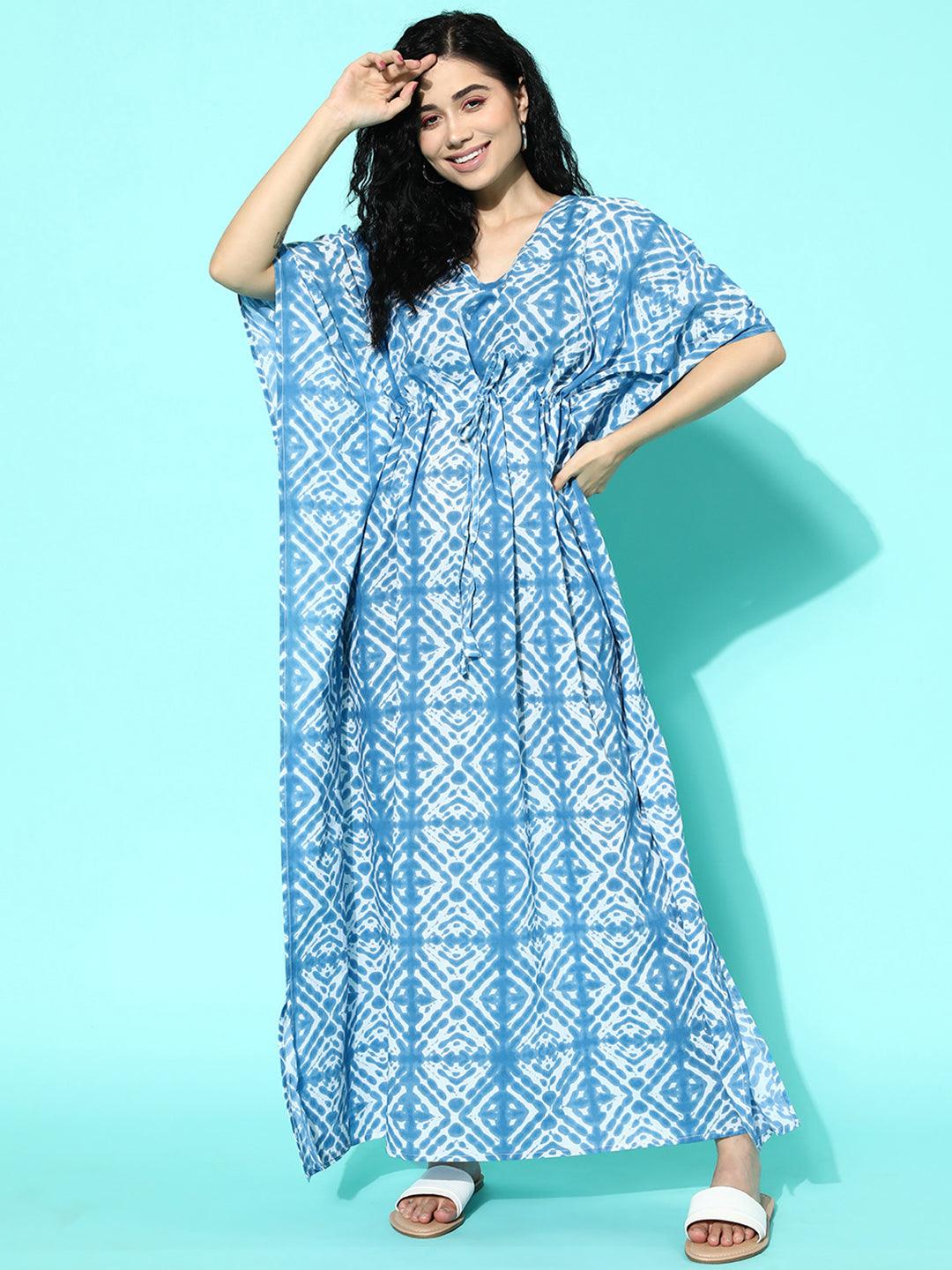 Blue Printed Cotton Nightdress - Libas