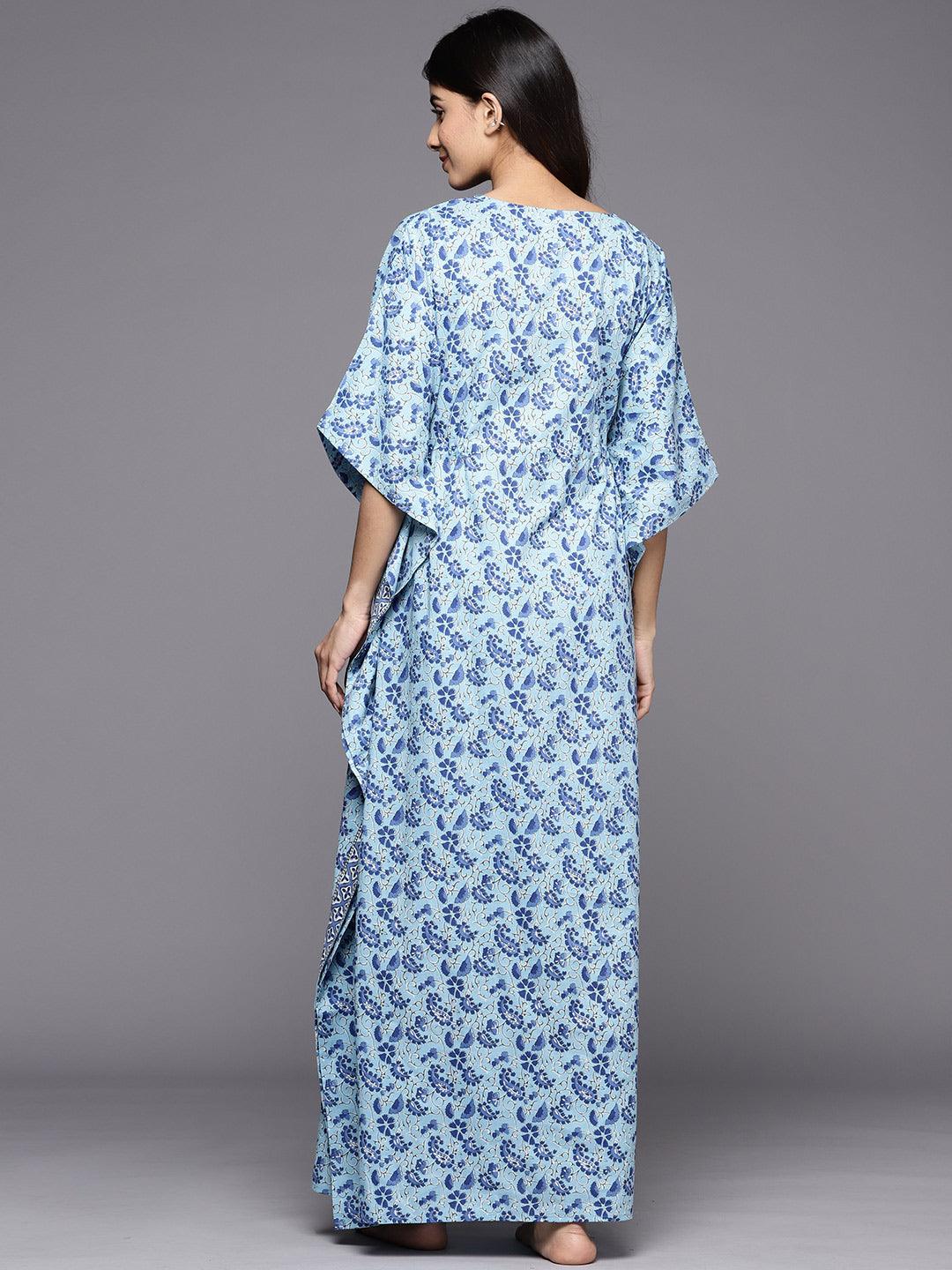 Blue Printed Cotton Nightdress - Libas 