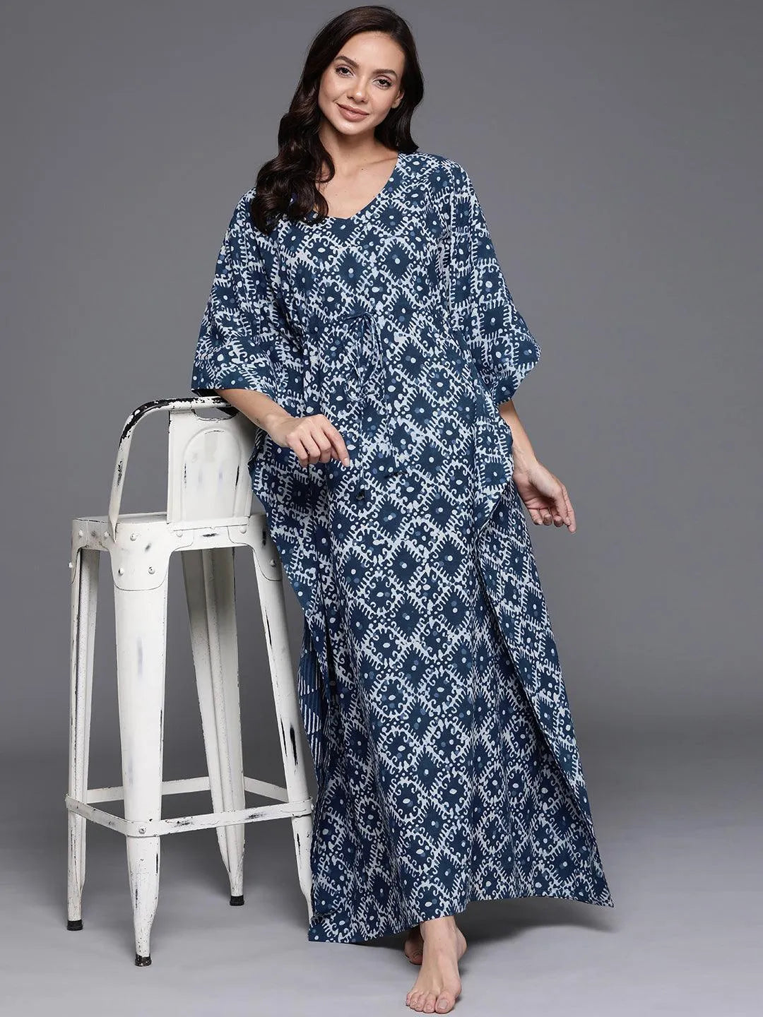 Blue Printed Cotton Nightdress - Libas