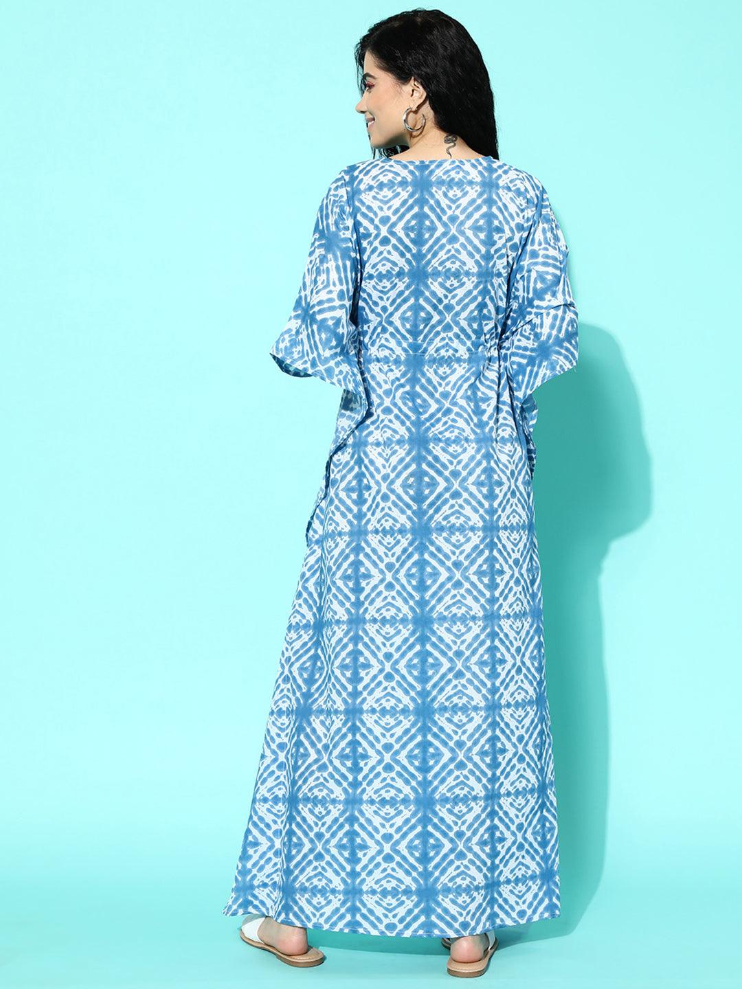 Blue Printed Cotton Nightdress - Libas 