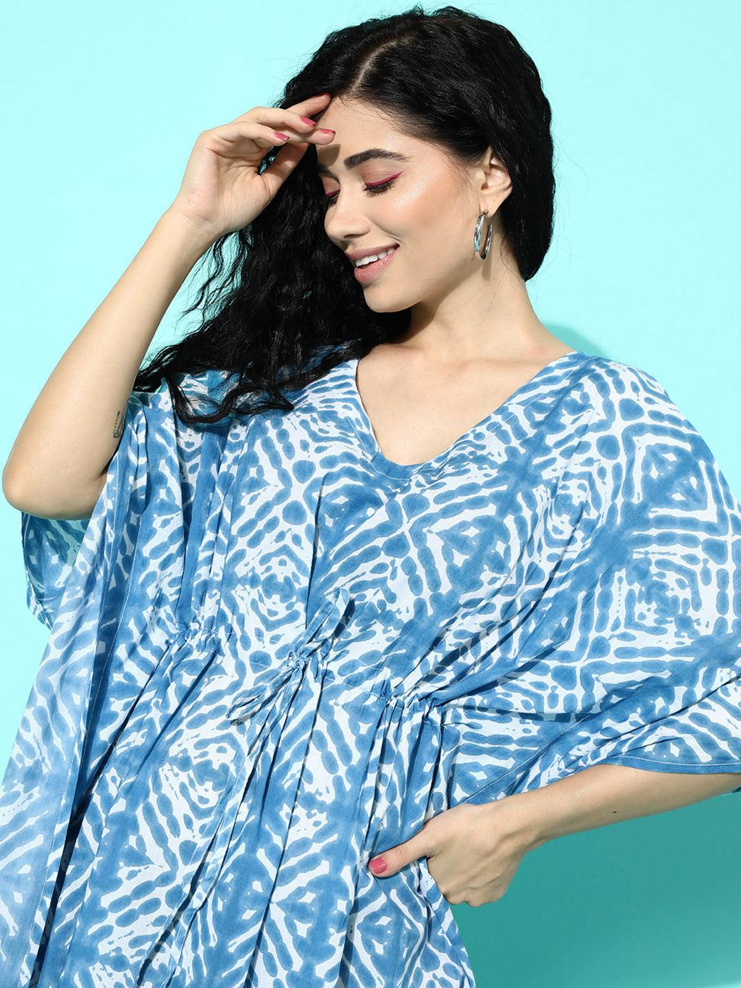 Blue Printed Cotton Nightdress - Libas 