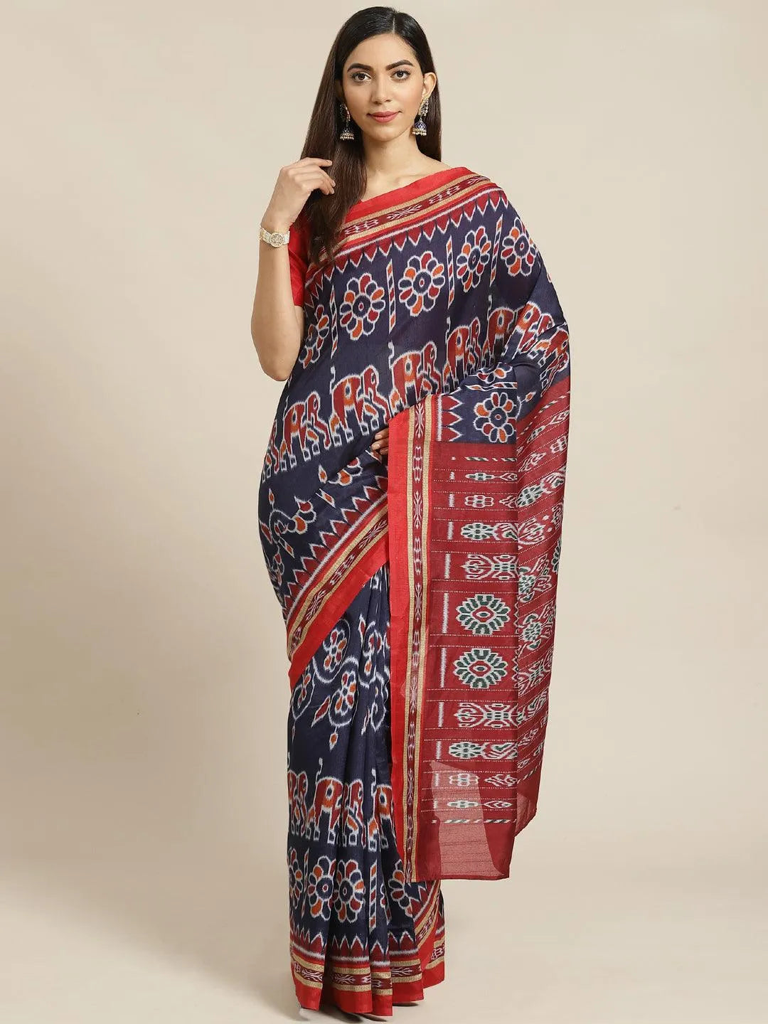 Blue Printed Cotton Saree - Libas