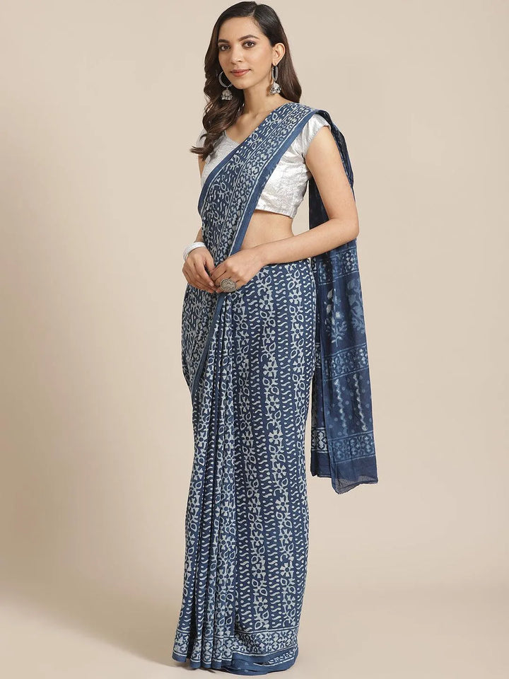 Blue Printed Cotton Saree - Libas