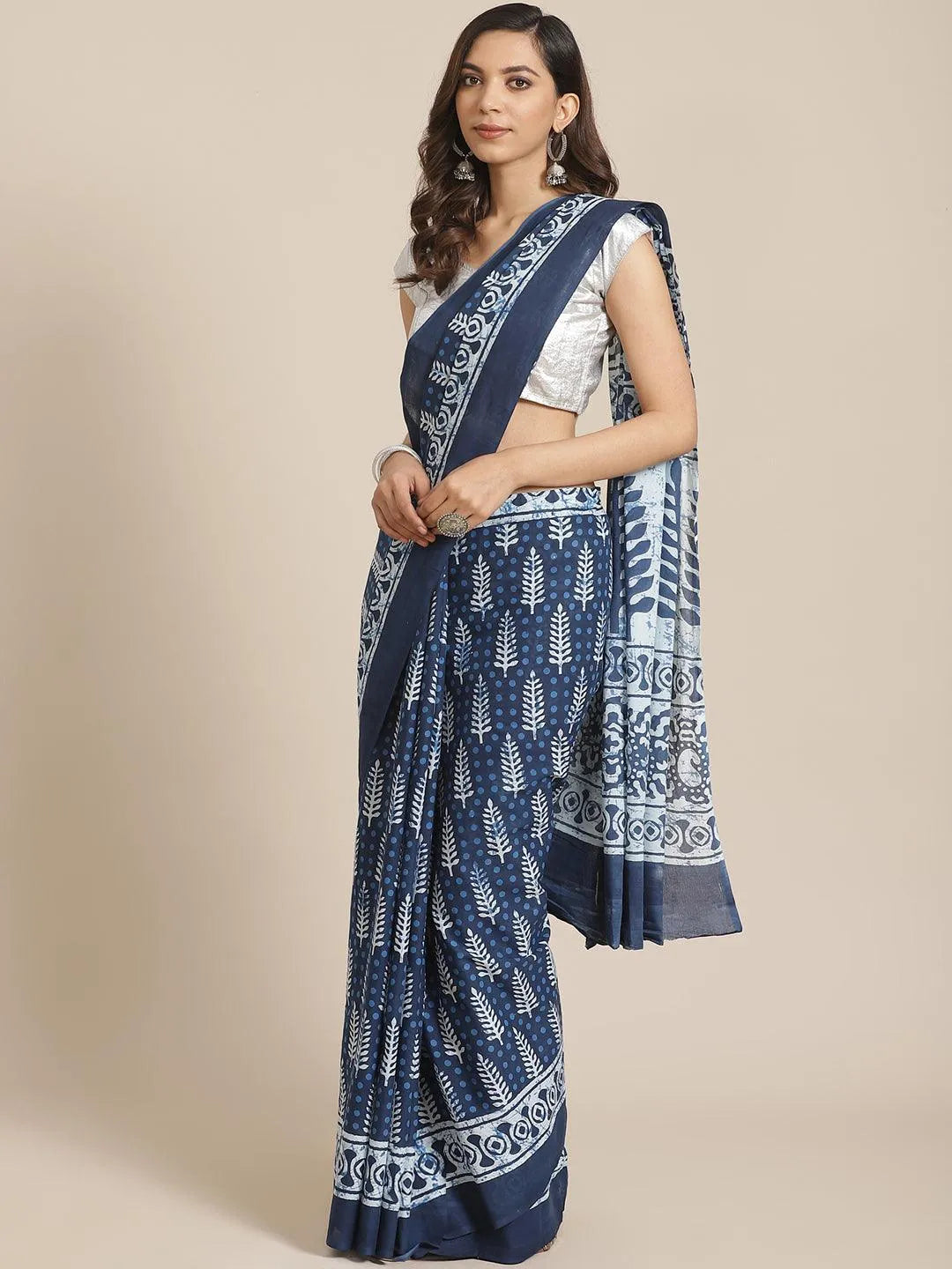 Blue Printed Cotton Saree - Libas