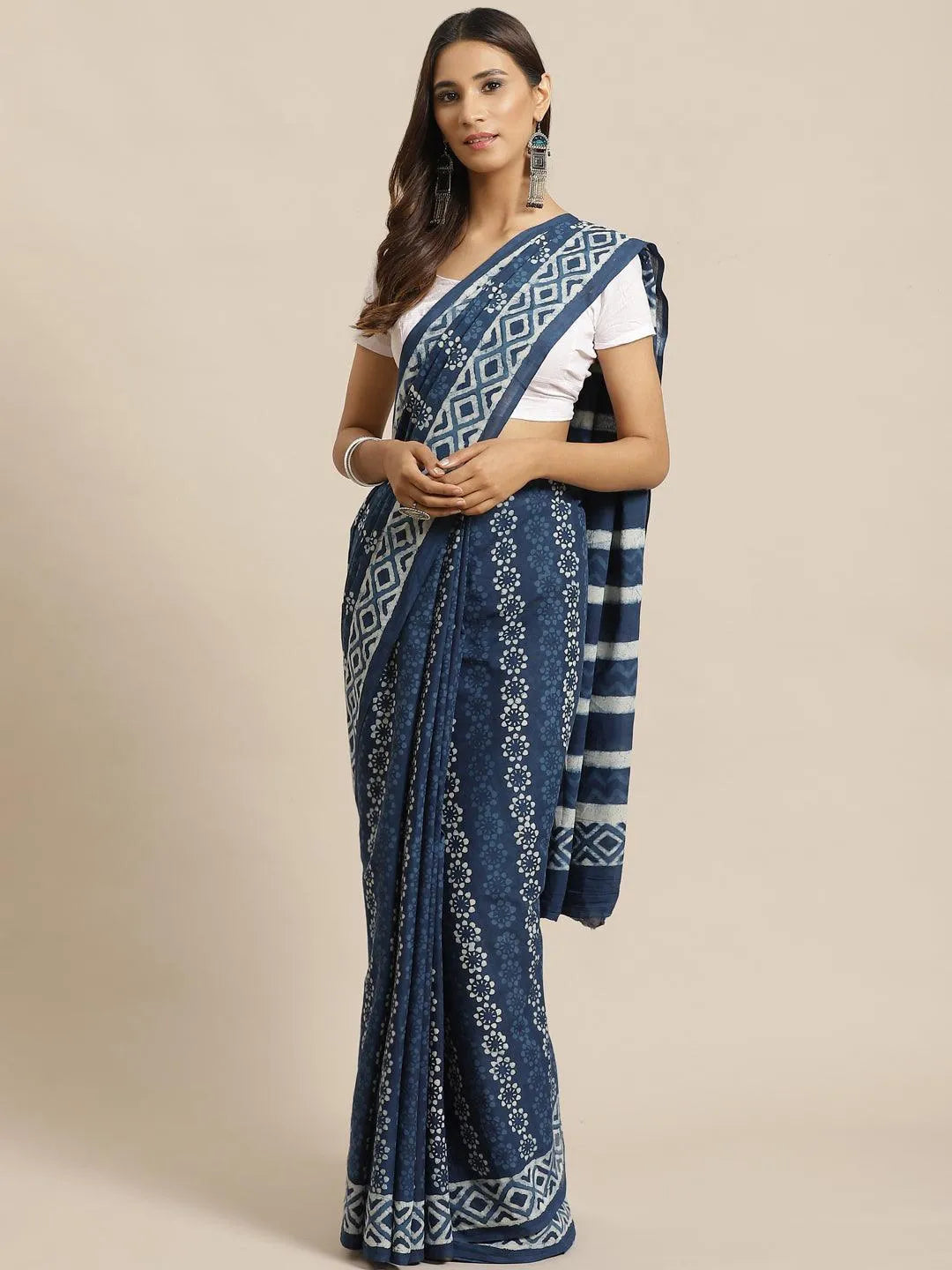 Blue Printed Cotton Saree - Libas