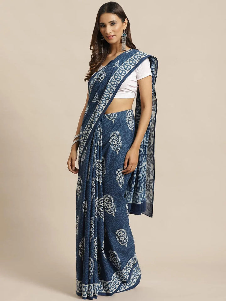 Blue Printed Cotton Saree - Libas