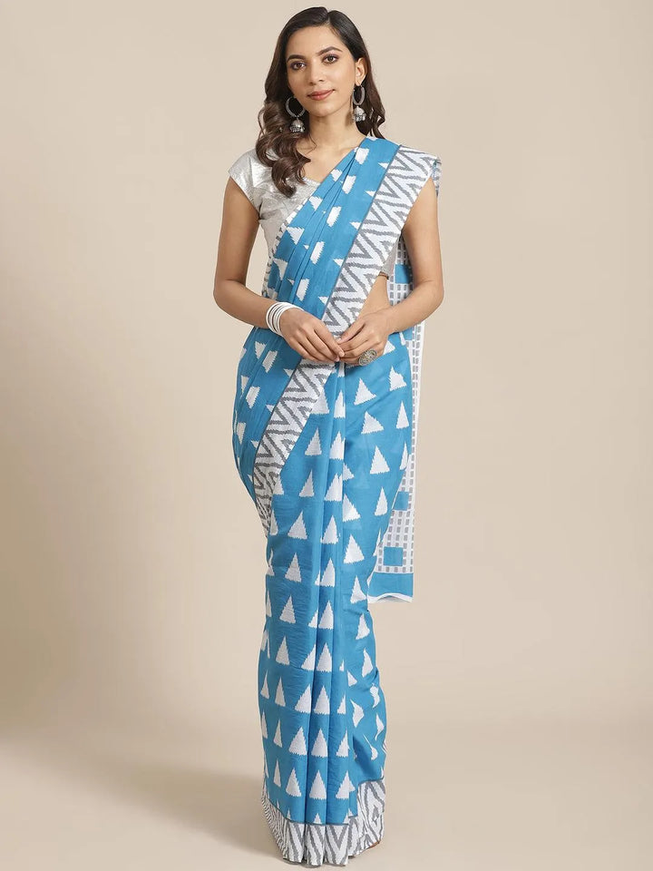 Blue Printed Cotton Saree - Libas