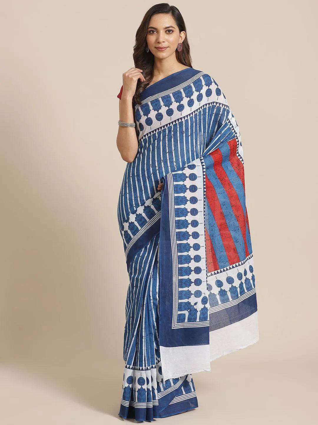 Blue Printed Cotton Saree - Libas