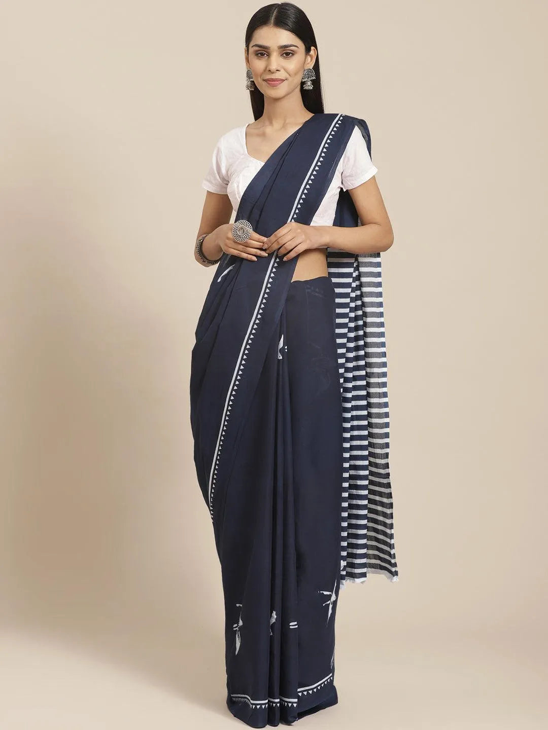 Blue Printed Cotton Saree - Libas