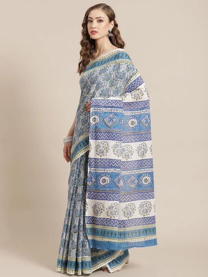 Blue Printed Cotton Saree - Libas