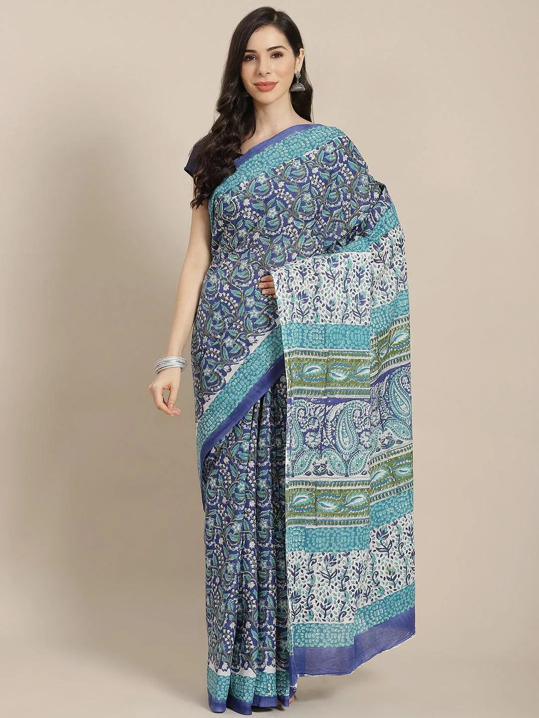 Blue Printed Cotton Saree - Libas