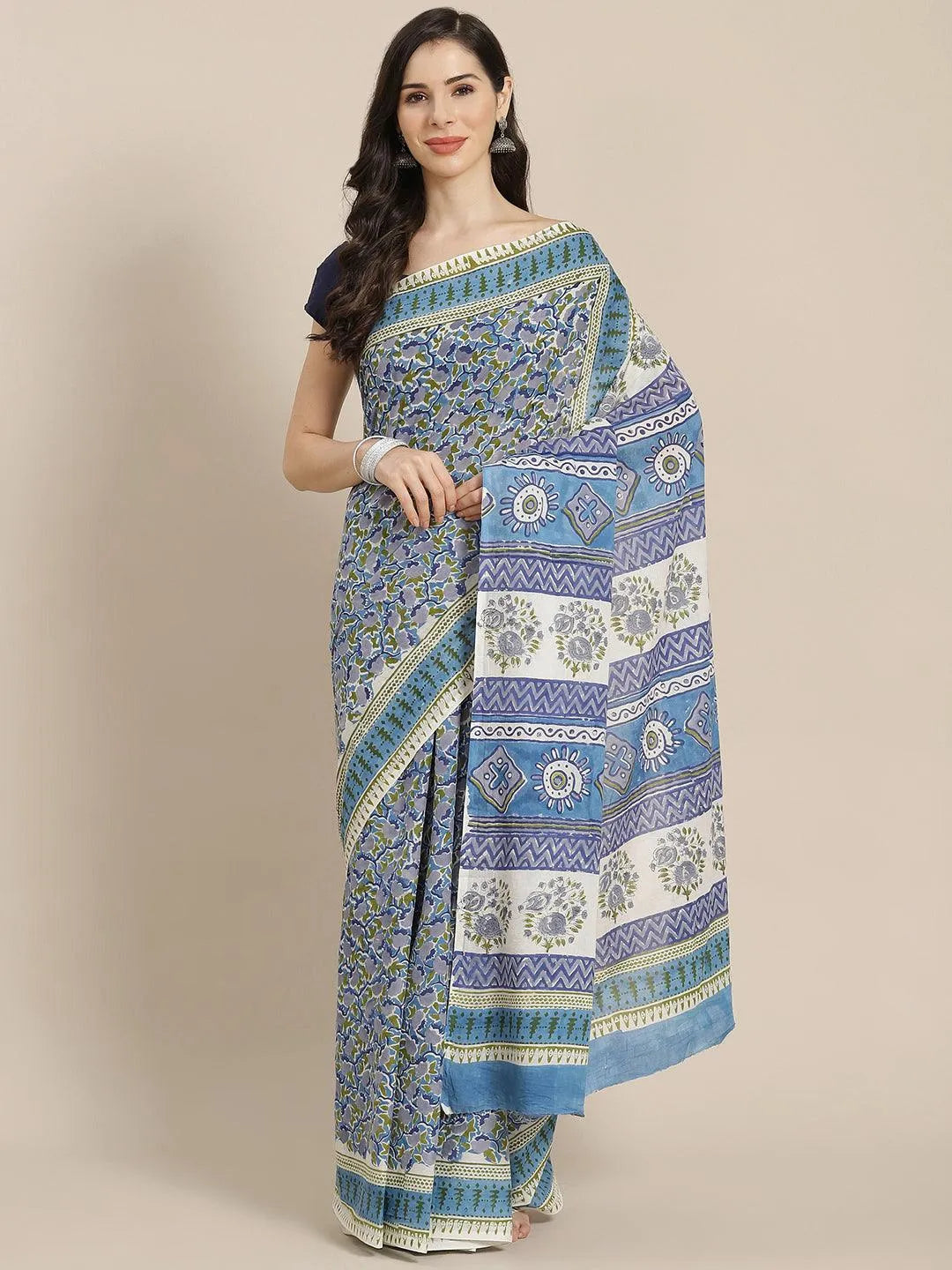 Blue Printed Cotton Saree - Libas