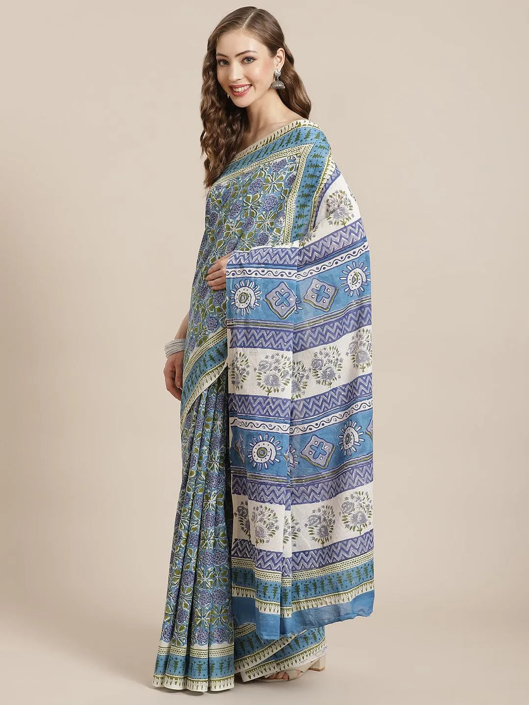 Blue Printed Cotton Saree - Libas