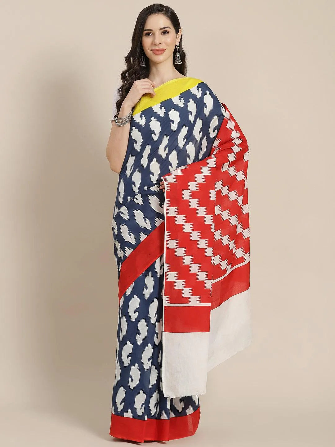 Blue Printed Cotton Saree - Libas