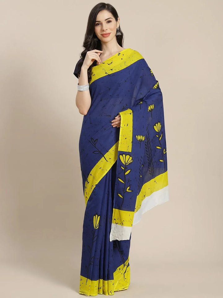 Blue Printed Cotton Saree - Libas