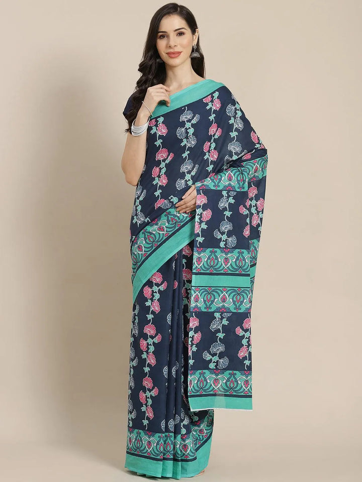 Blue Printed Cotton Saree - Libas