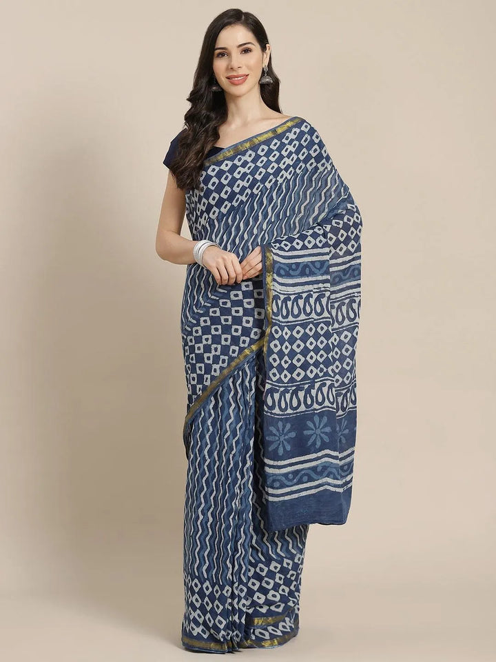 Blue Printed Cotton Saree - Libas