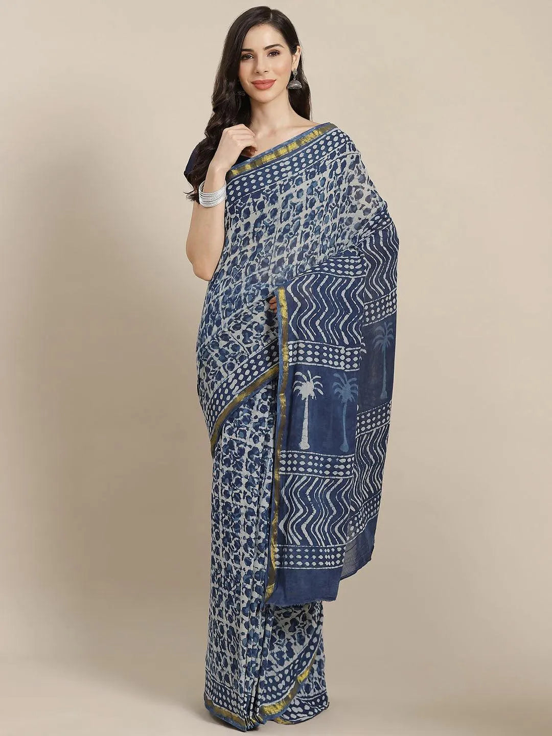 Blue Printed Cotton Saree - Libas