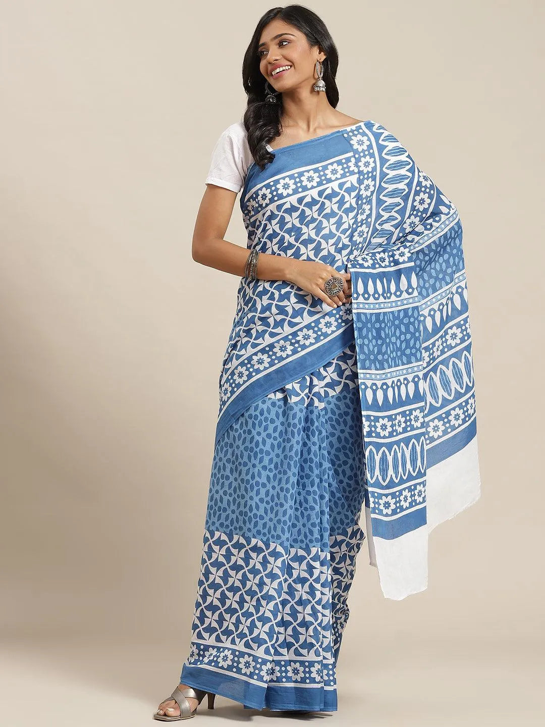 Blue Printed Cotton Saree - Libas