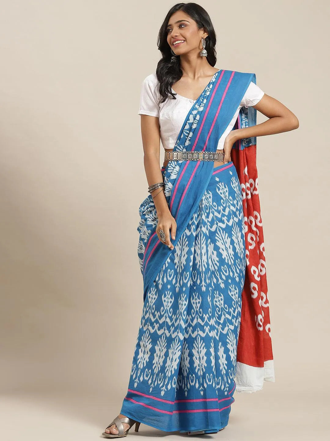 Blue Printed Cotton Saree - Libas 