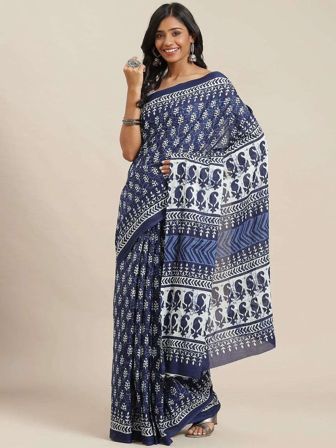 Blue Printed Cotton Saree - Libas