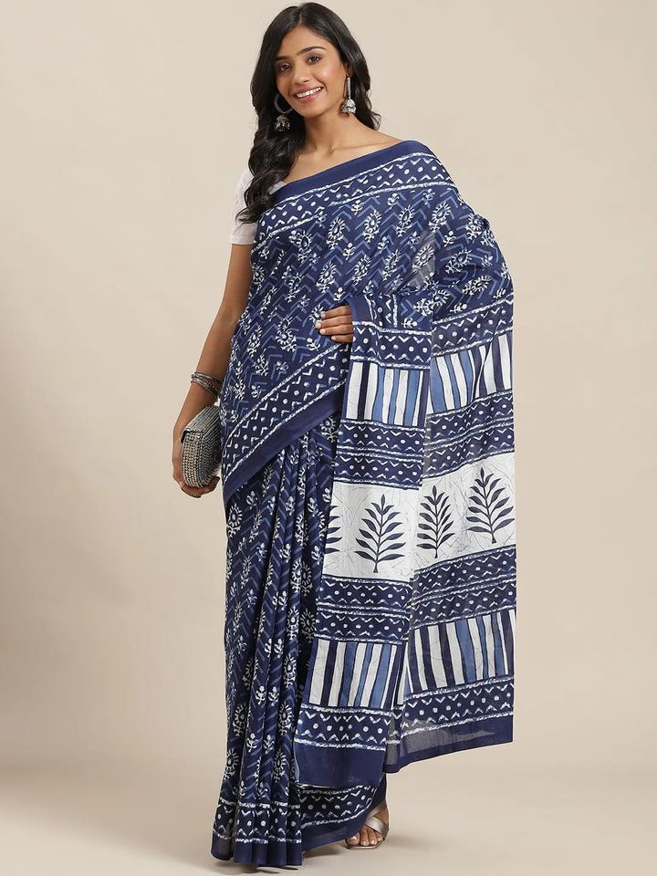 Blue Printed Cotton Saree - Libas