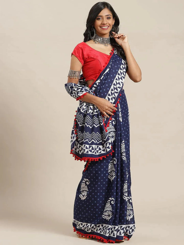 Blue Printed Cotton Saree - Libas