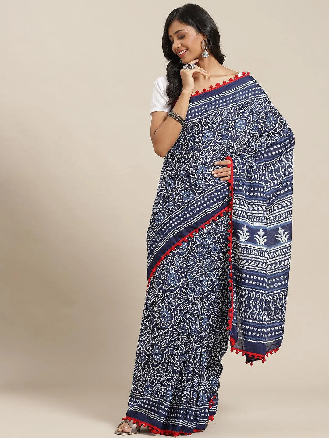 Blue Printed Cotton Saree - Libas